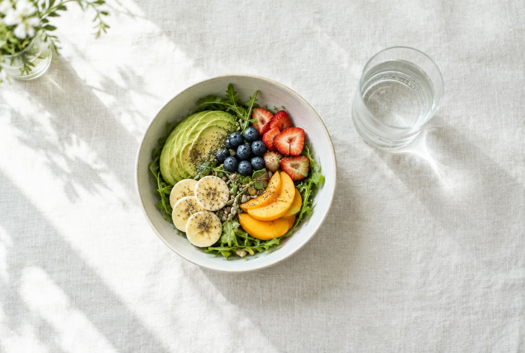 A bowl of fresh fruit and a glass of water on linen in soft light